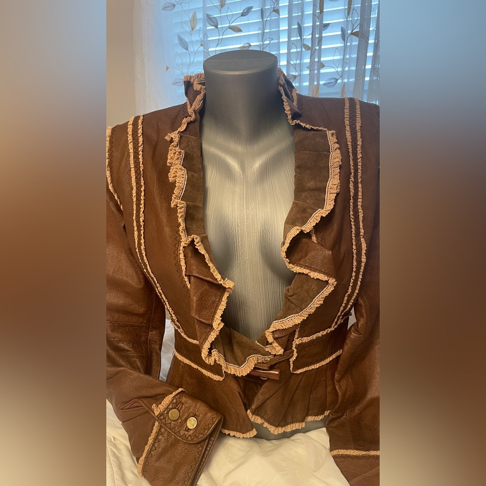 Moda International Distressed Leather Jacket Cropped Blazer Ruffled